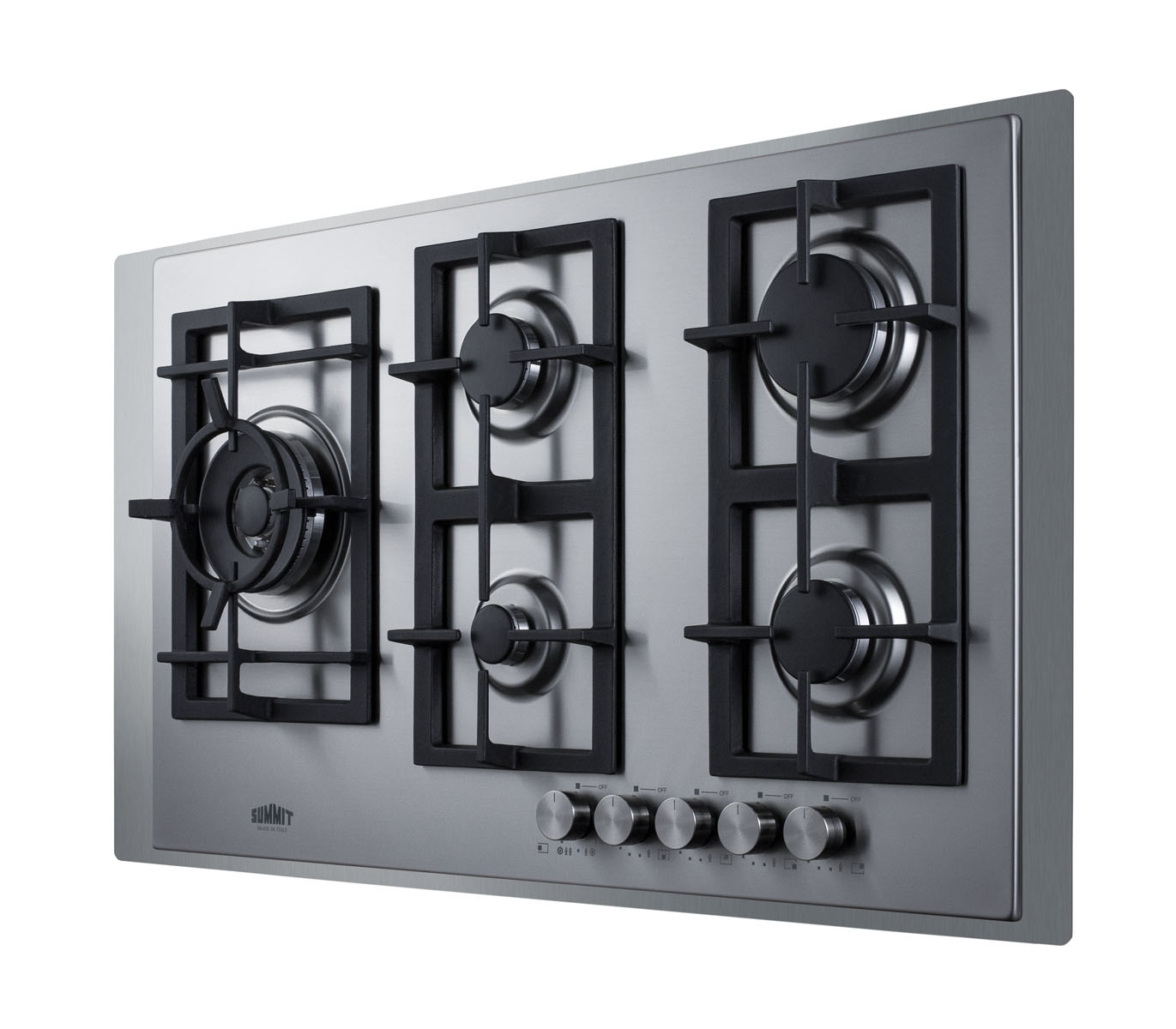 5-burner gas cooktop made in Italy with sealed burners, multiple heating outputs, cast iron grateS, 304 grade stainless steel surface, and stainless steel trim kit to cover 36